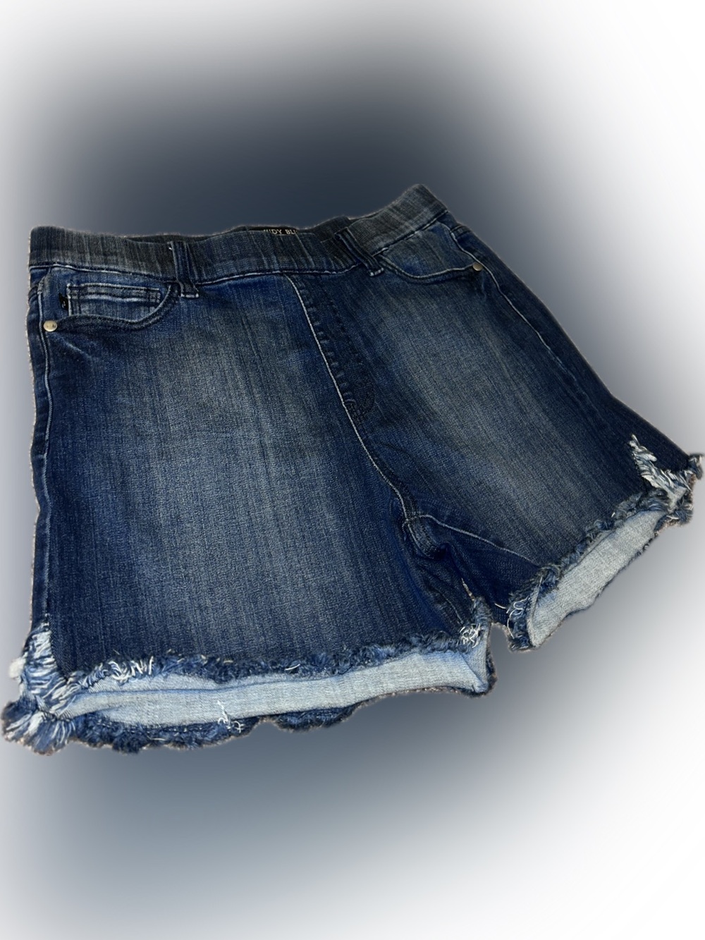 Judy Blue Dark Wash Blue Frayed Hem Pull On Mid To High Waist Denim Shorts XL - Picture 7 of 14